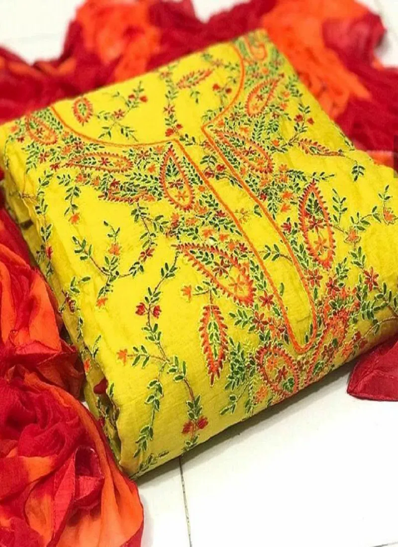 Exclusive Designer Chanderi Dress Material With Full Embroidery Work and Najmin Dupatta 
